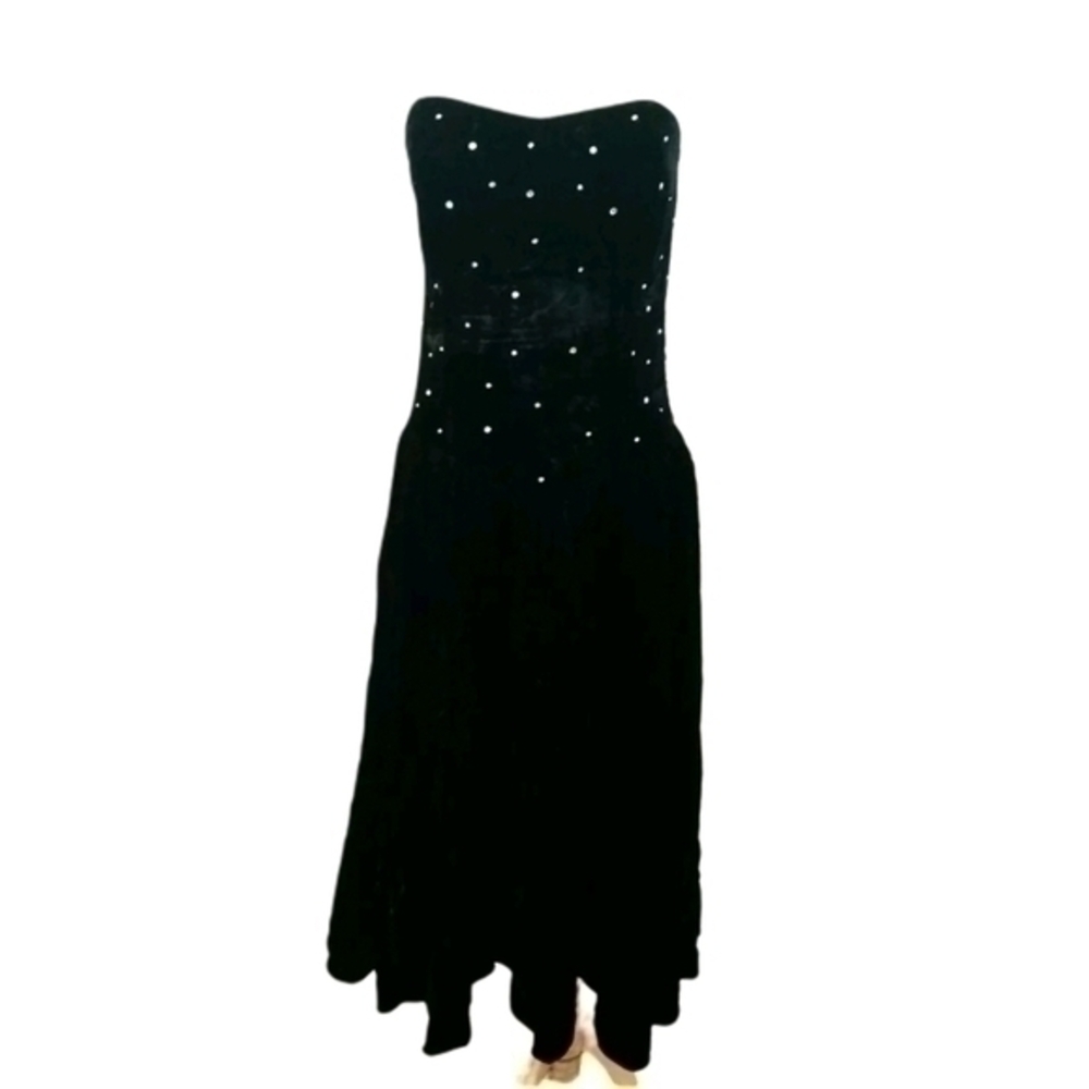 VINTAGE VELVET RHINESTONE HIGH LOW MIDI DRESS SZ M - Picture 1 of 4